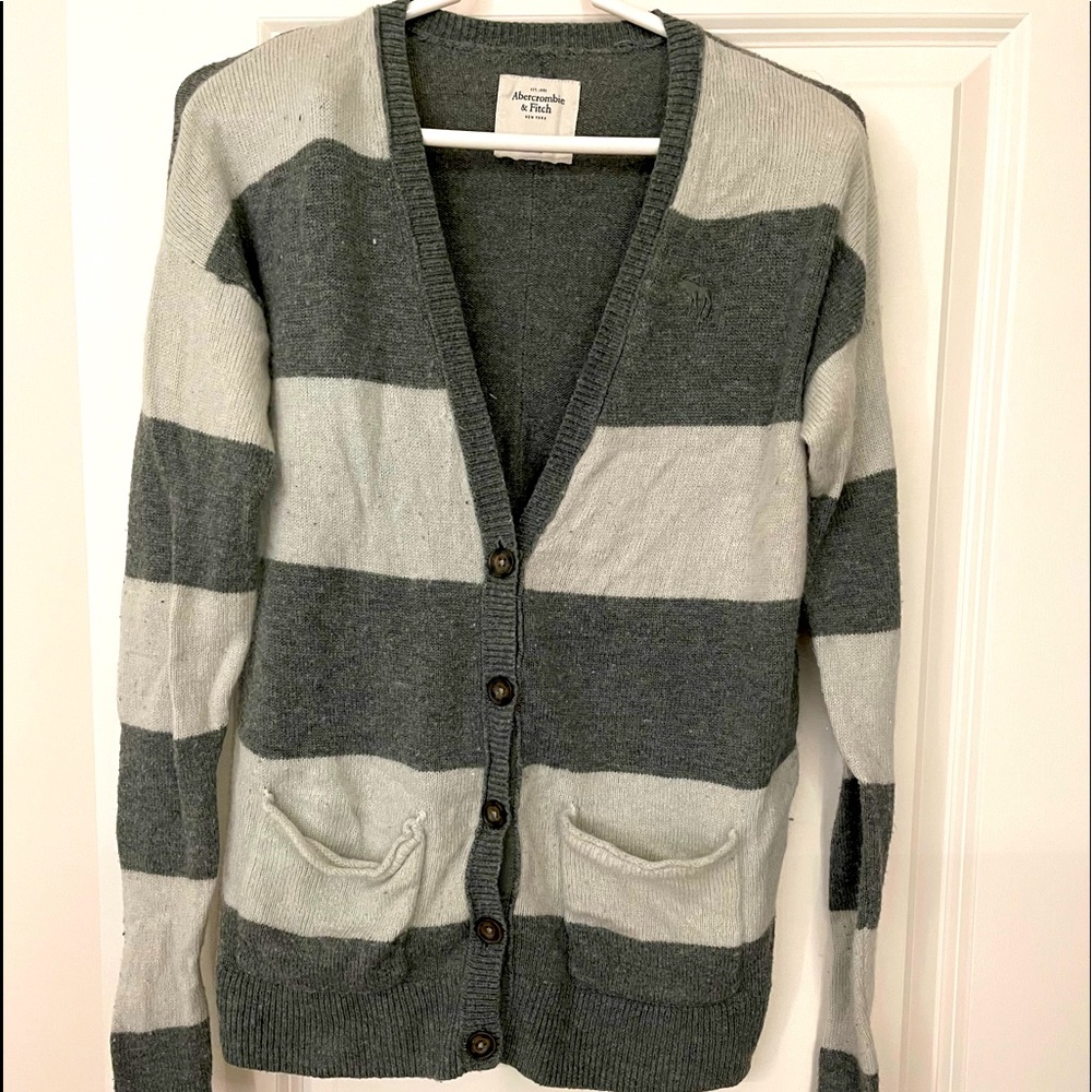 Abercrombie & Fitch gray and white striped cardigan